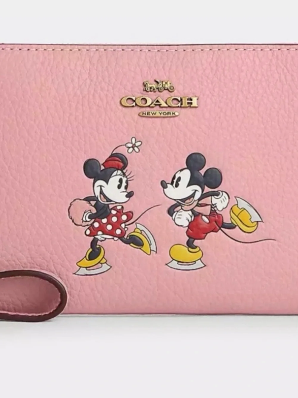 Coach Pink Leather Mickey & Minnie Wristlet with Gold Logo
